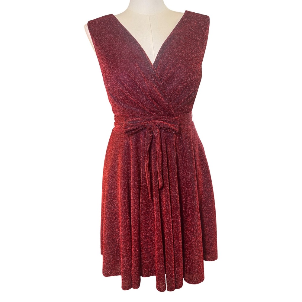 Papillon Women's Burgundy Red Sparkle Wrap Dress L V-Neck Tie Waist PD-15519 NEW